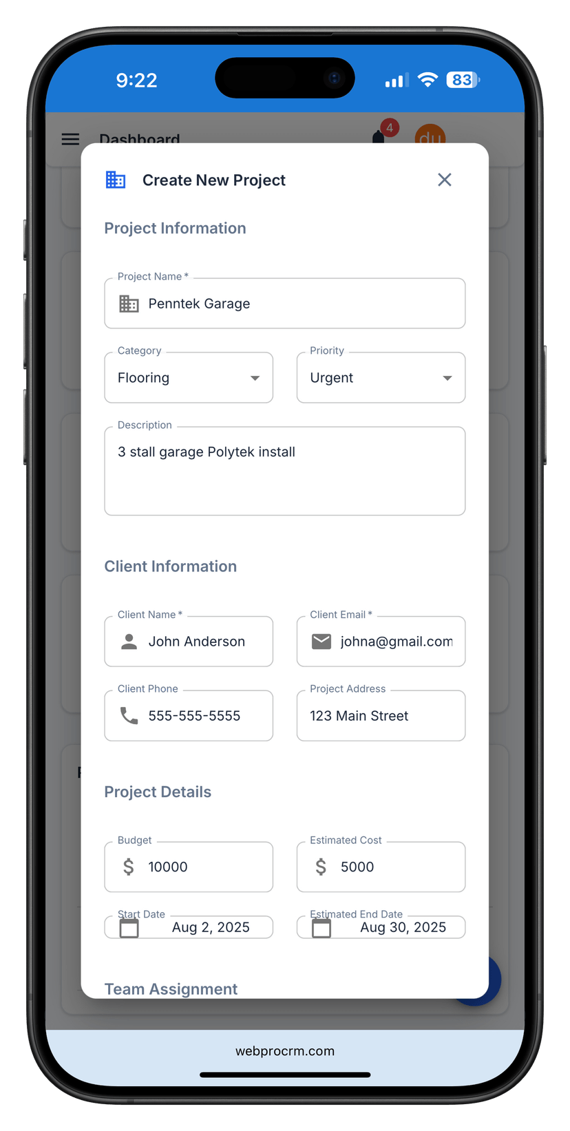 Construction crew scheduling and project management interface with task tracking and document storage